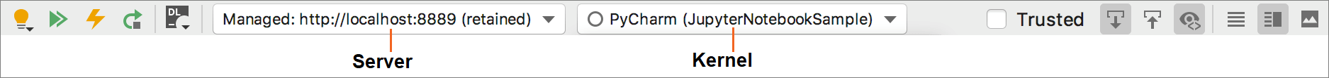Jupyter notebook toolbar; Managed server is connected