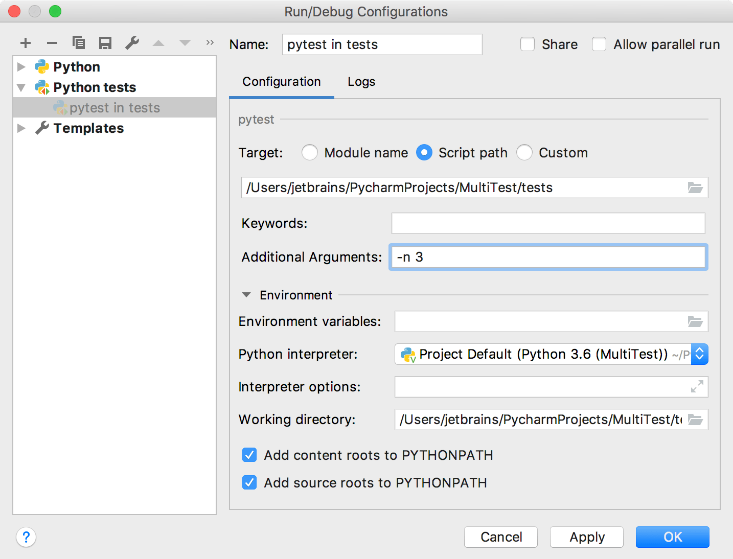 Editing Run/Debug configuration for a group of pytest tests