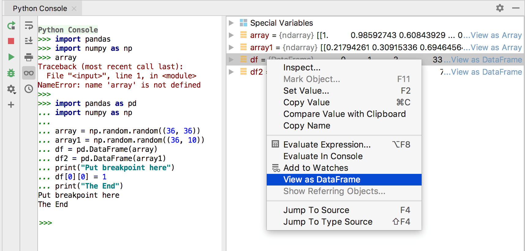 Viewing variables in data frames when running from Python console