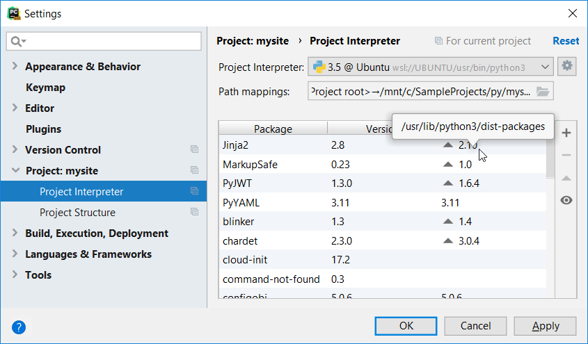 Newly added WSL interpreter