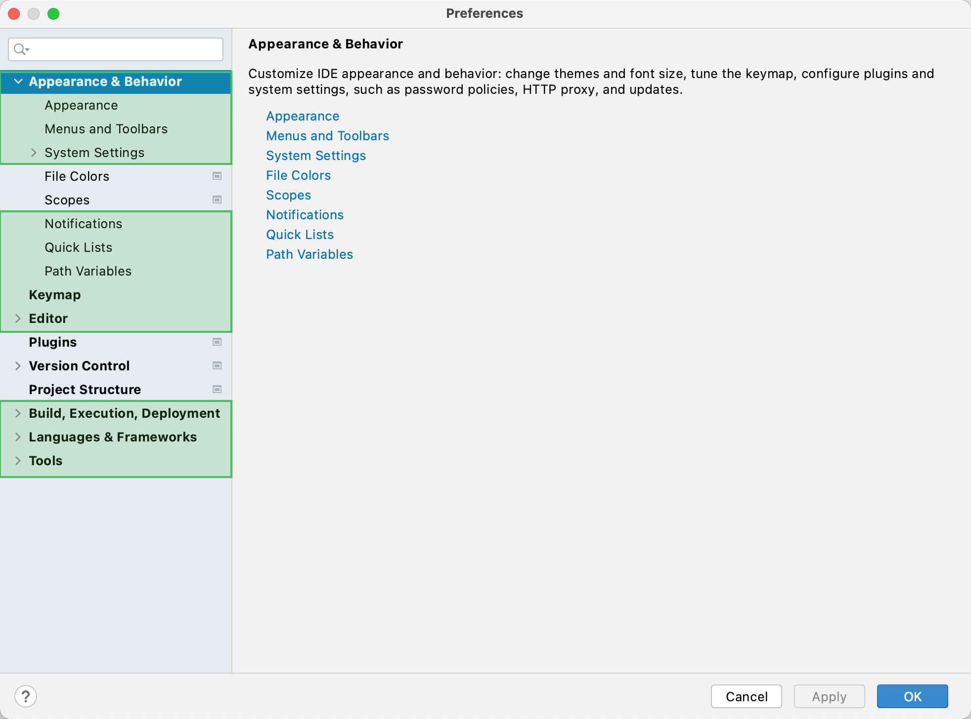 Global settings marked in the Settings/Preferences dialog