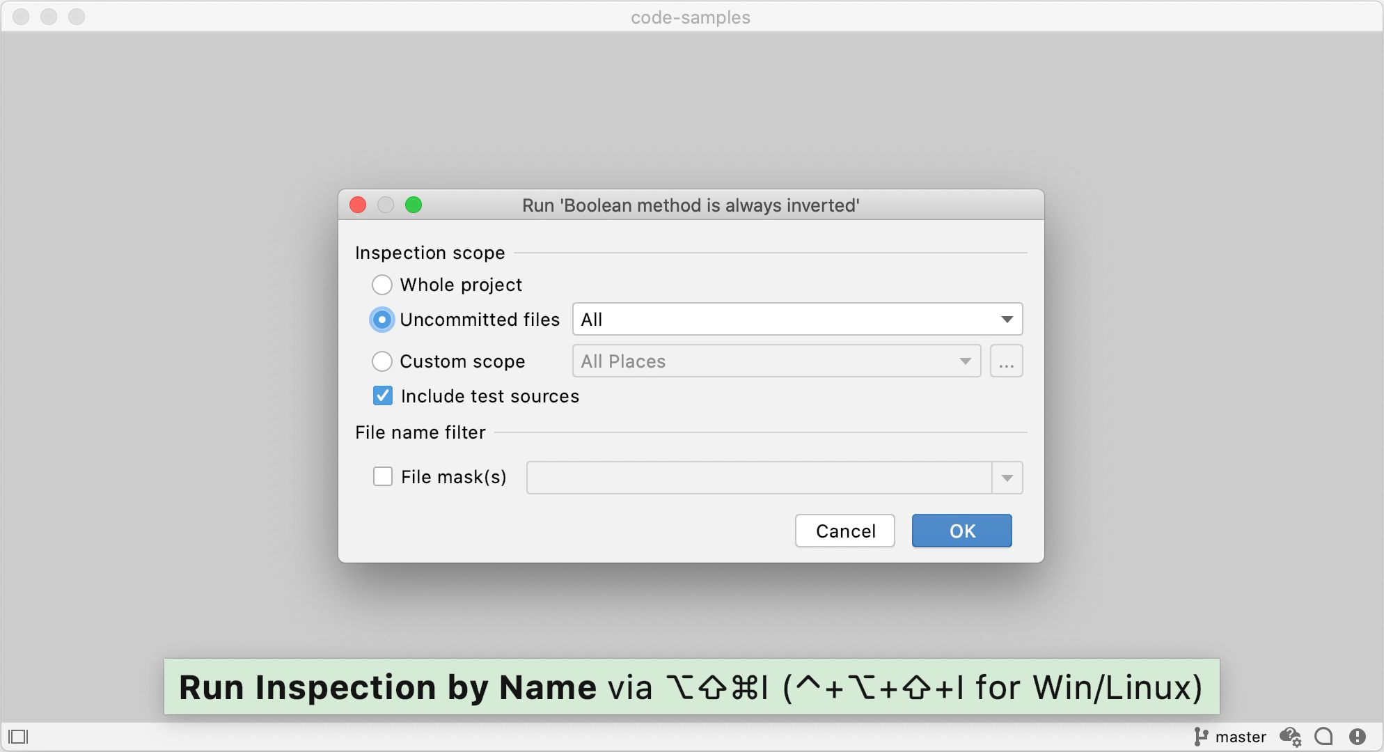 Running one inspection in uncommitted files