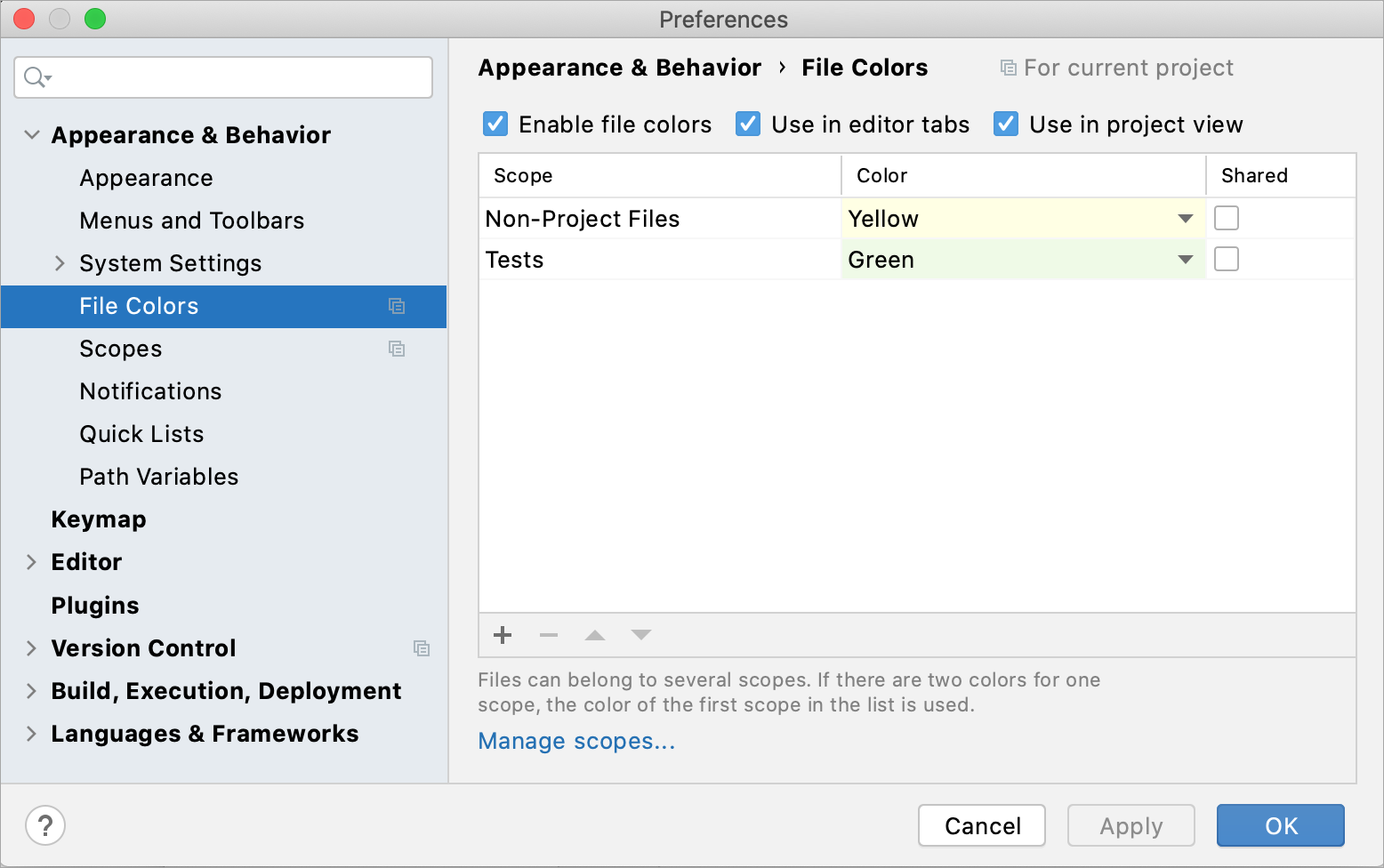 Configuring file colors in Settings/Preferences