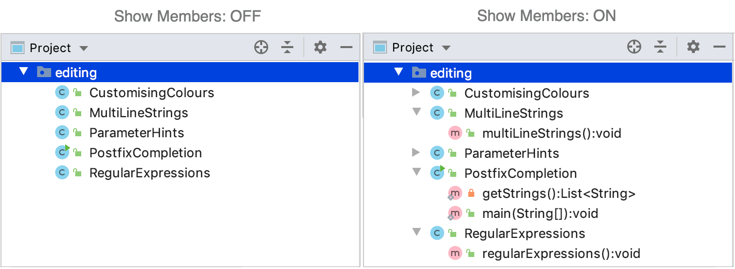 Show class members in the Project tool window