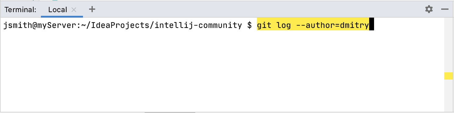 Smart command execution highlighting for git log in the terminal