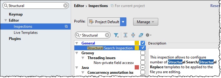 The Structural search and replace inspection shown in the settings