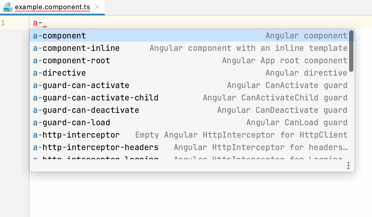 Create an Angular component using a predefined code snippet
