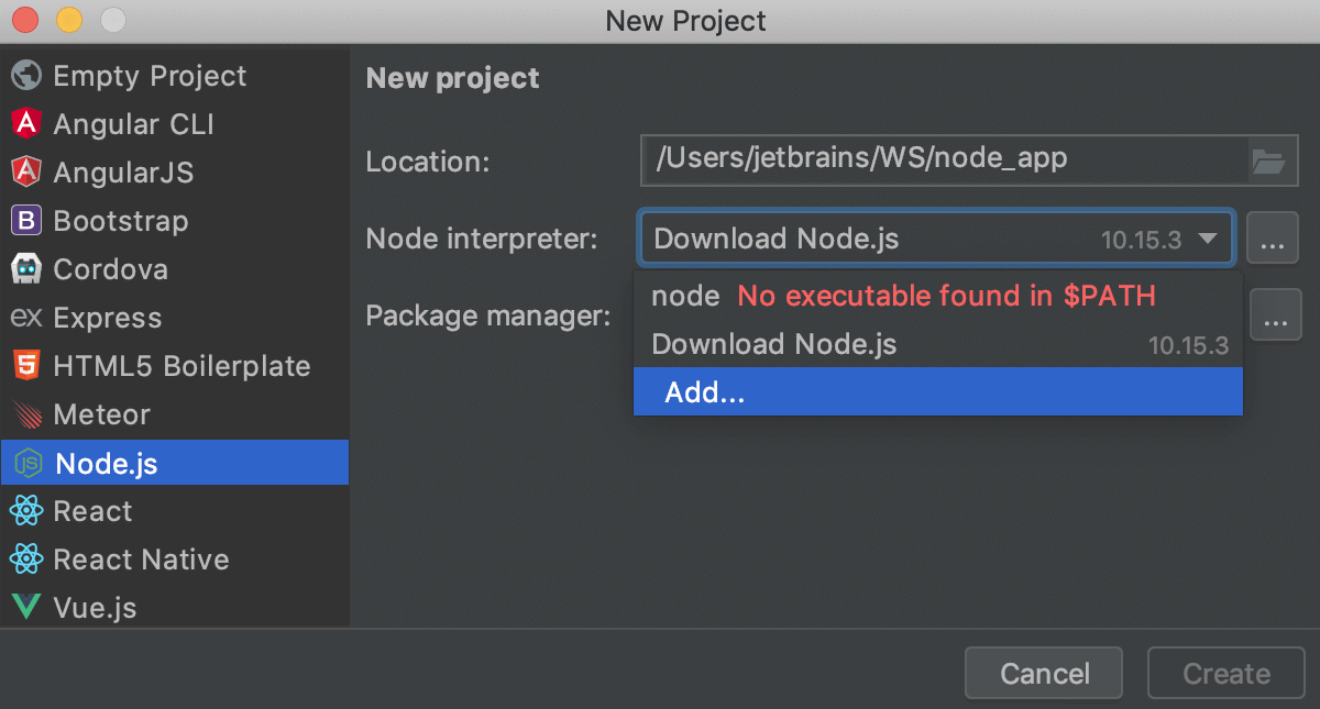 Installing Node.js during project creation in the Create Project dialog