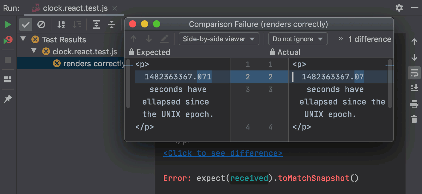 Jest snapshots: compare the expected and actual snapshots in the WebStorm Difference Viewer