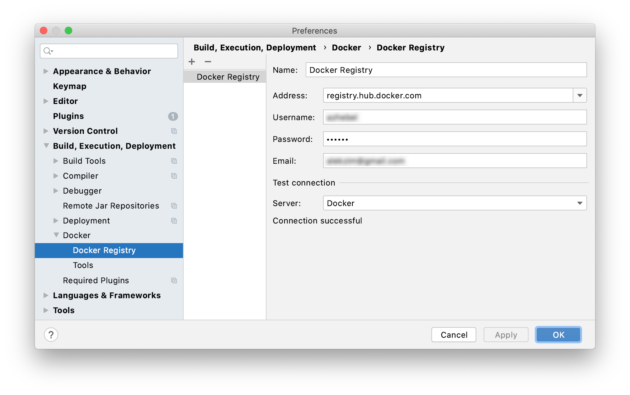 The Docker Registry dialog