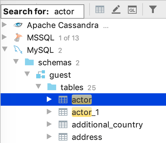 Find an object in the database tree view Find an object in the database tree view