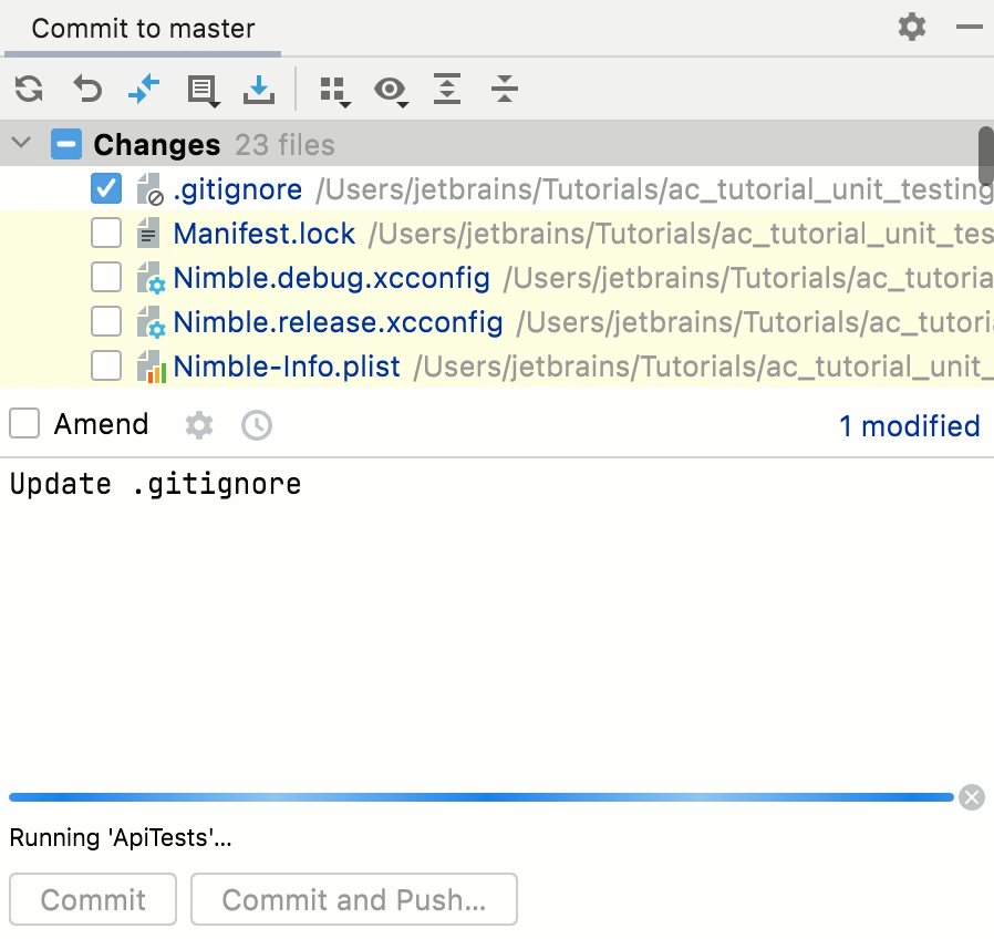 Non-modal commit dialog running a test