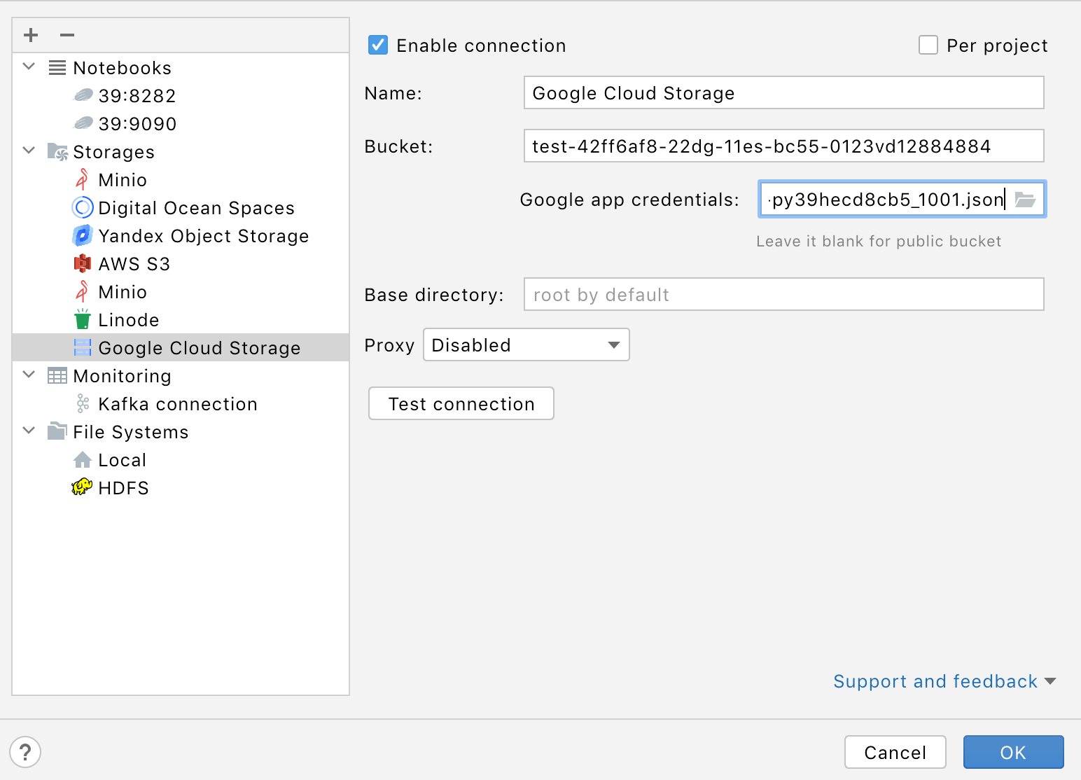 Connection settings for Google Storage