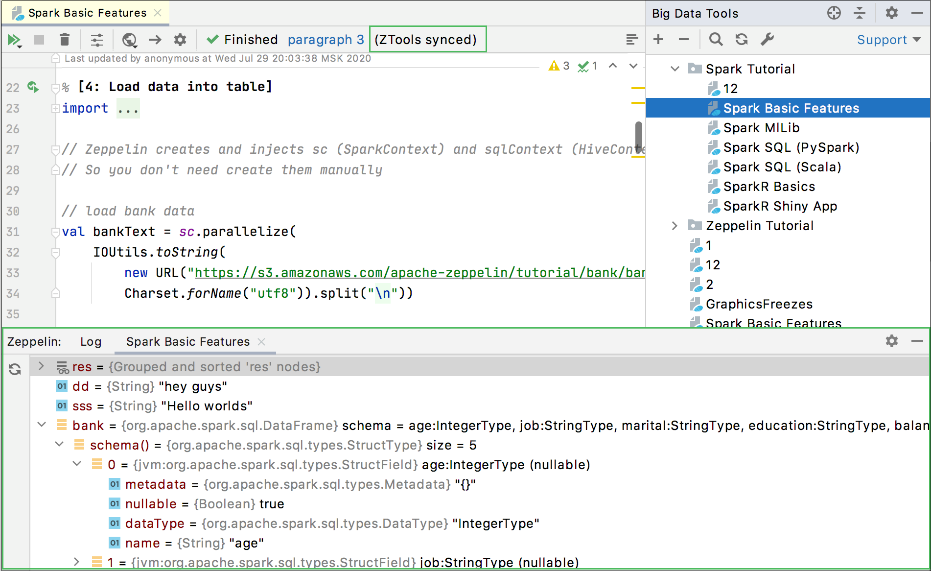 View variables in Zepplin tool window