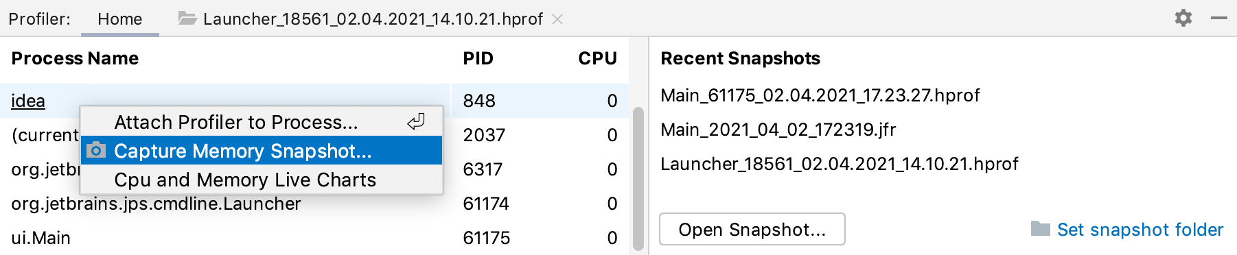 Capture memory snapshot