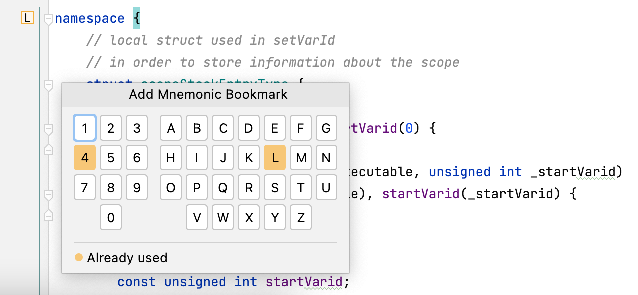 Adding a mnemonic bookmark: select an identifier