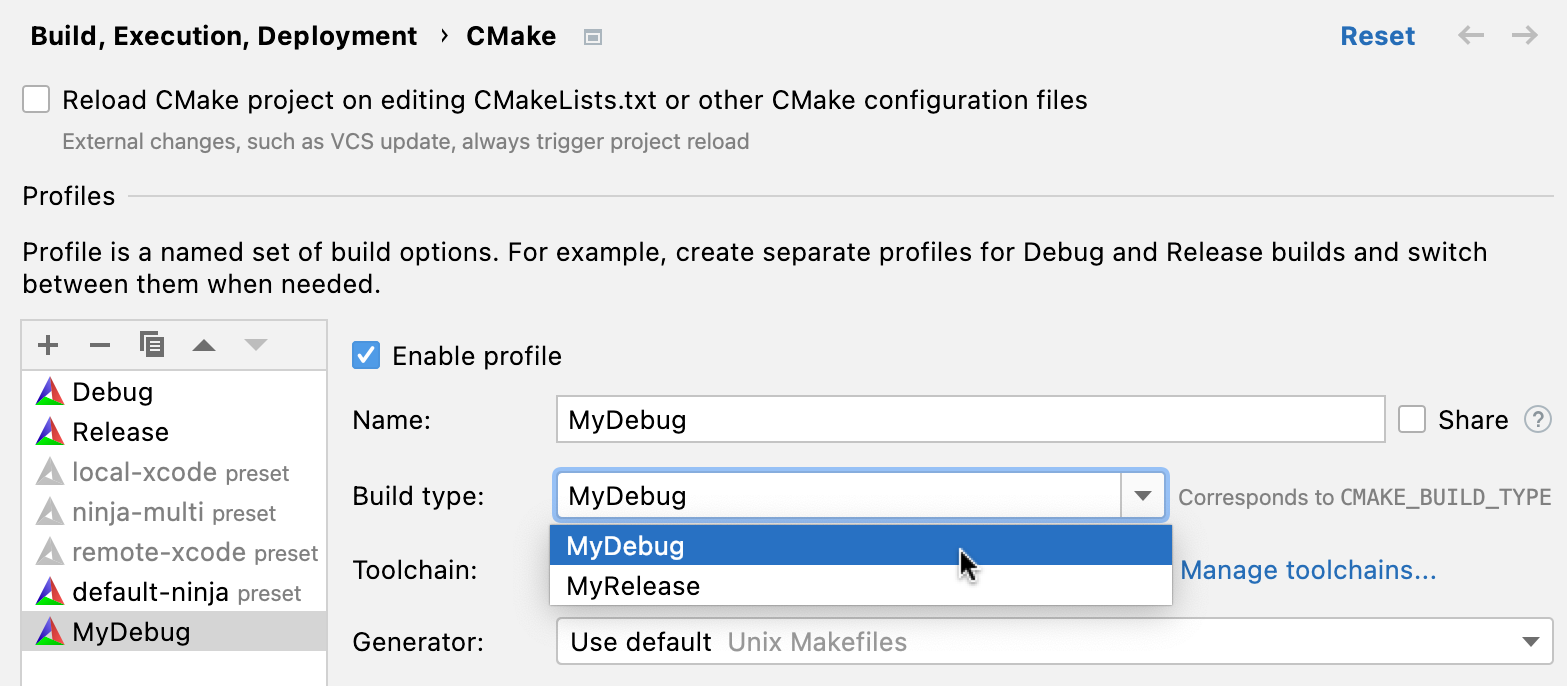 Custom build types for new cmake profile