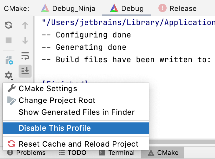 Disabling a loaded profile from the CMake tool window