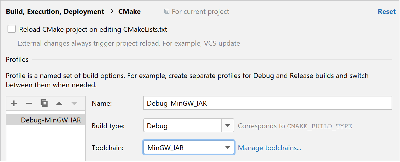 IAR toolchain selected for a CMake profile