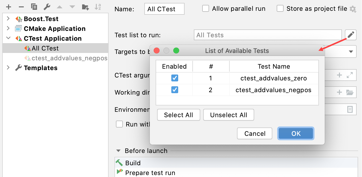 List of the available tests in CTest configuration