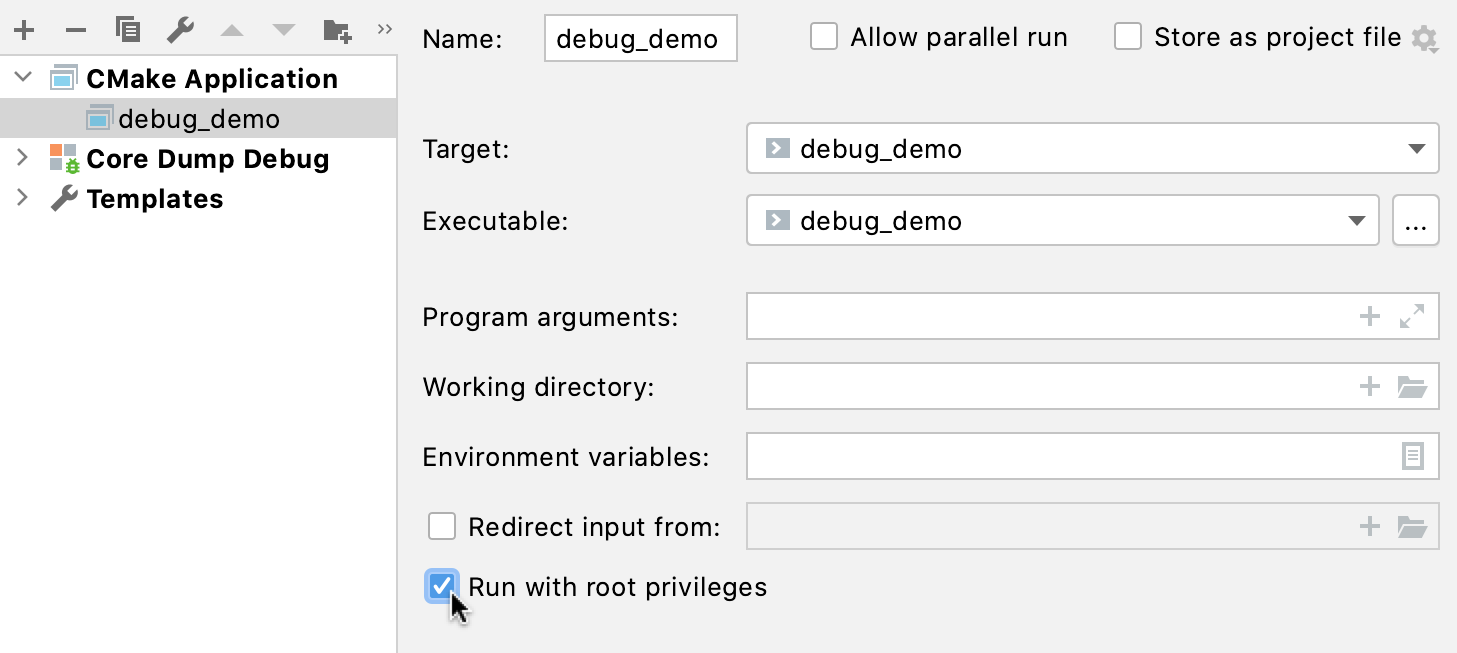 Launch as root checkbox