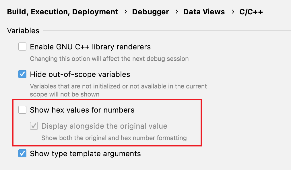 Enabling hex view in debugger settings