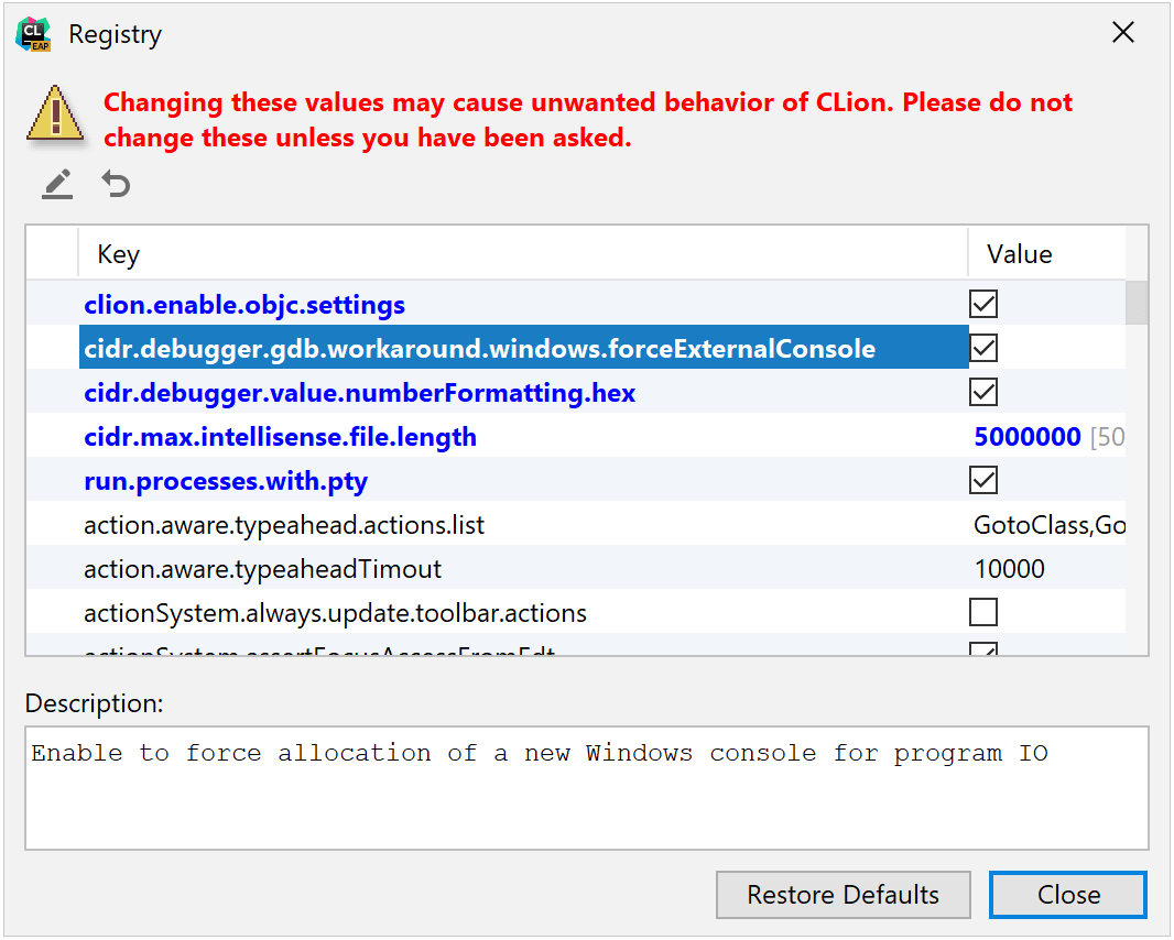 Registry key to enable external GDB console on Windows