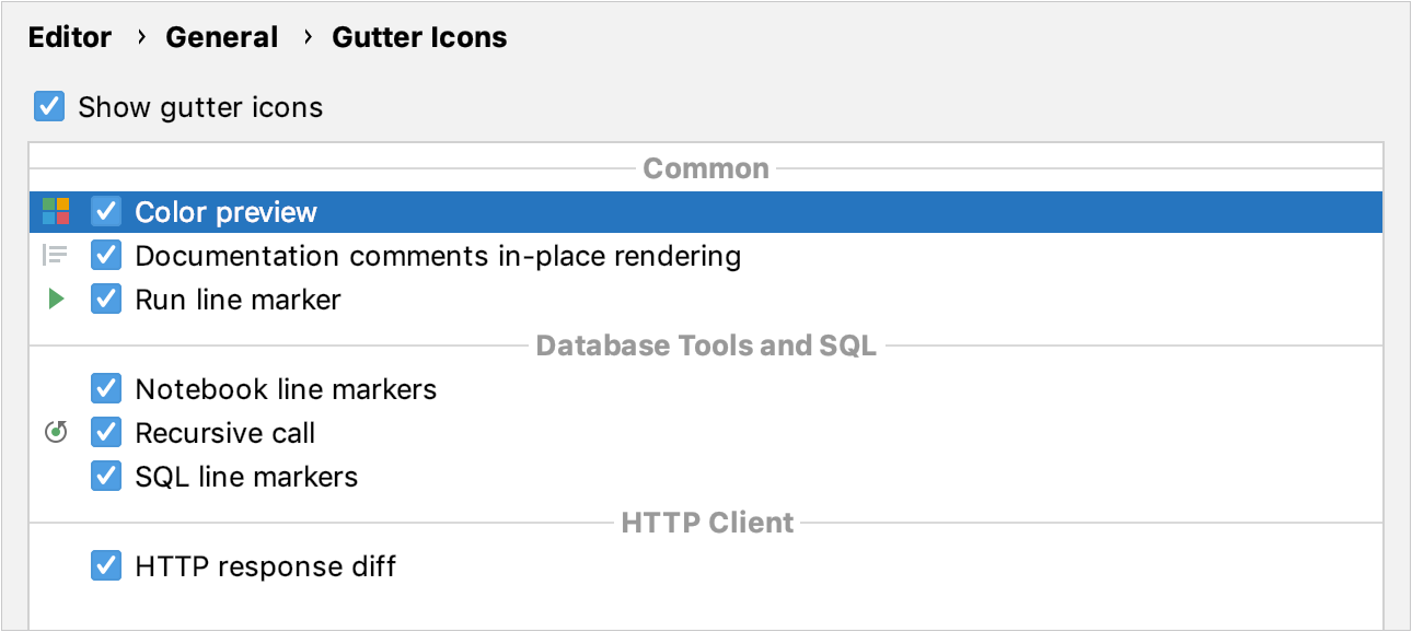 Gutter icons settings in the Settings/Preferences dialog