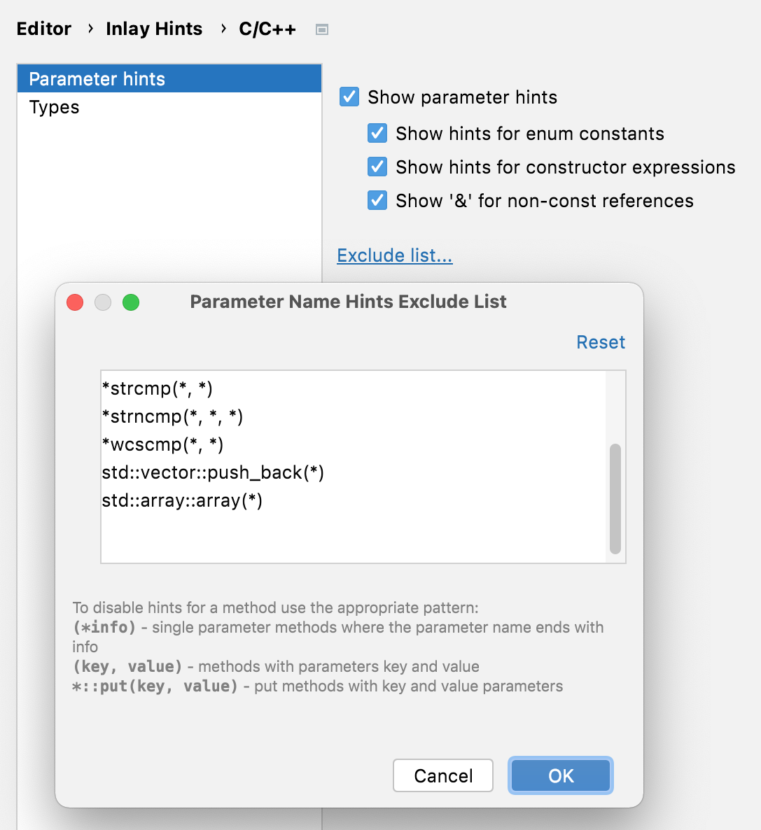 Parameter hints settings