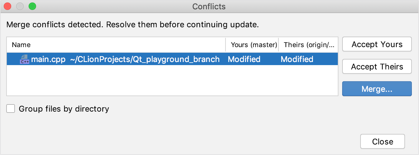 CLion: VCS operation conflicts dialog