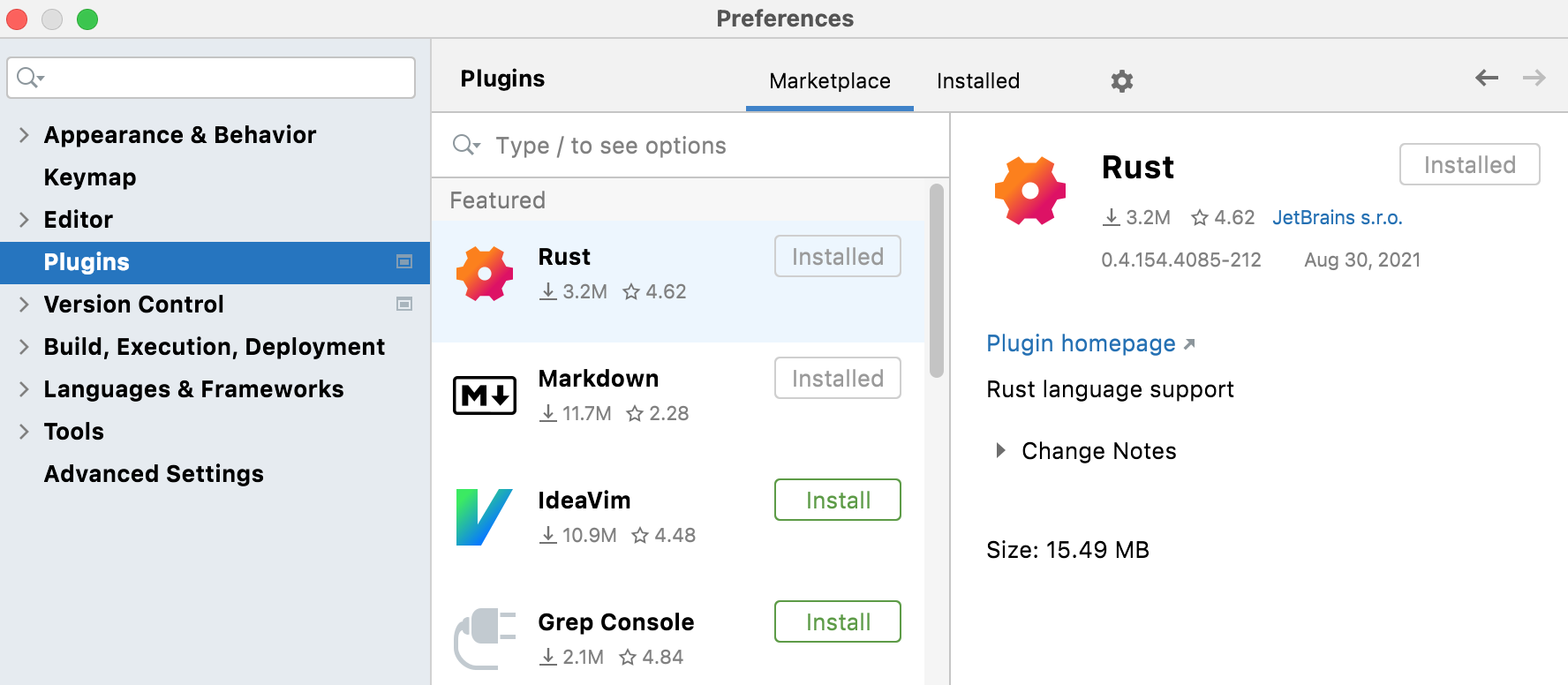 The Plugins settings dialog