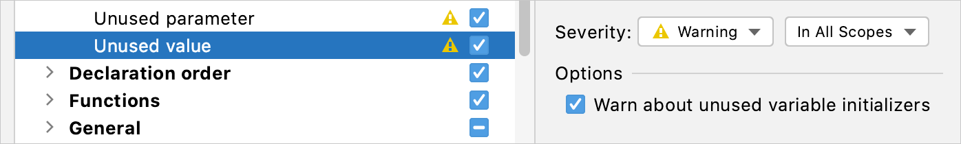 The Unused value inspection settings