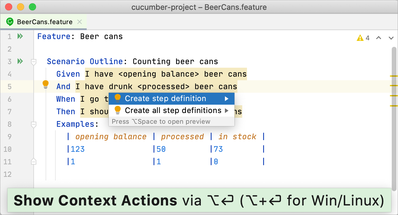 Creating steps definitions from the feature file