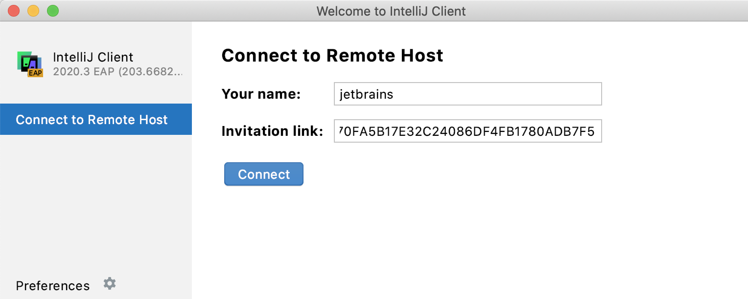 JetBrains Client welcome screen
