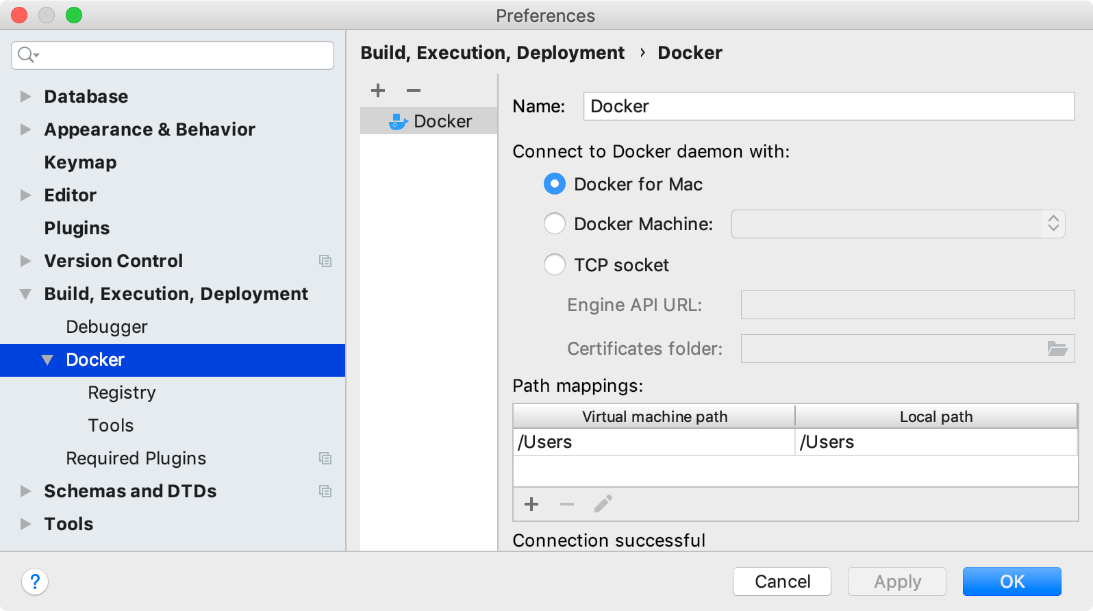 The Docker connection settings The Docker connection settings