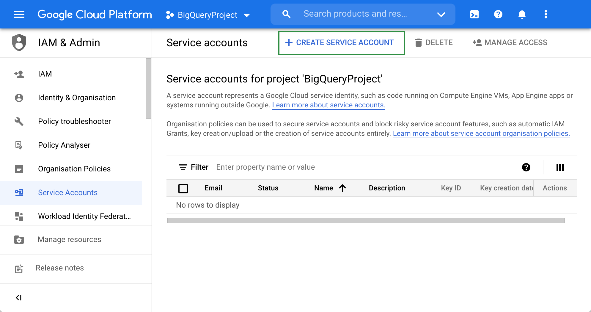 Create service account