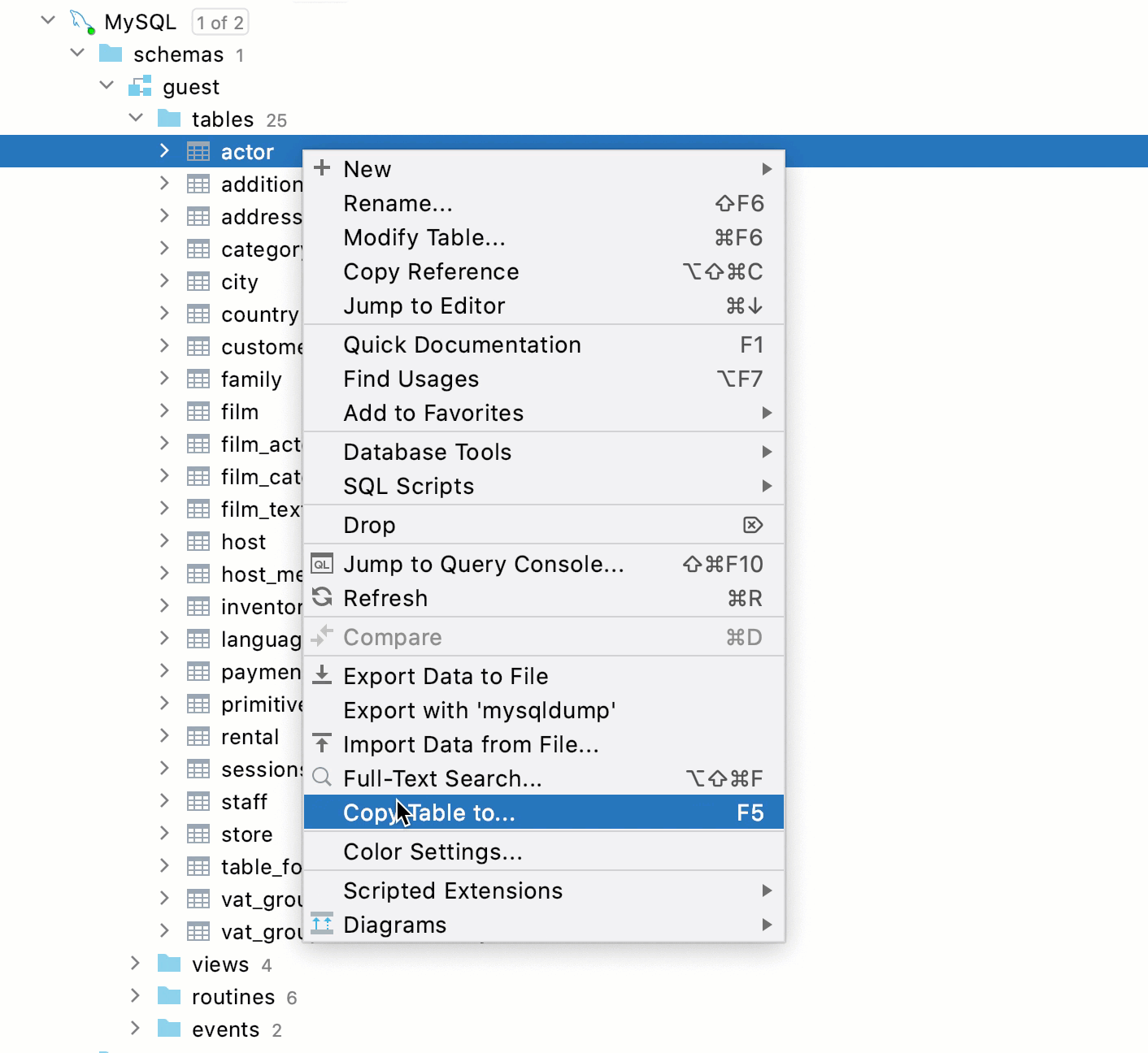 Use context menu to create a table copy