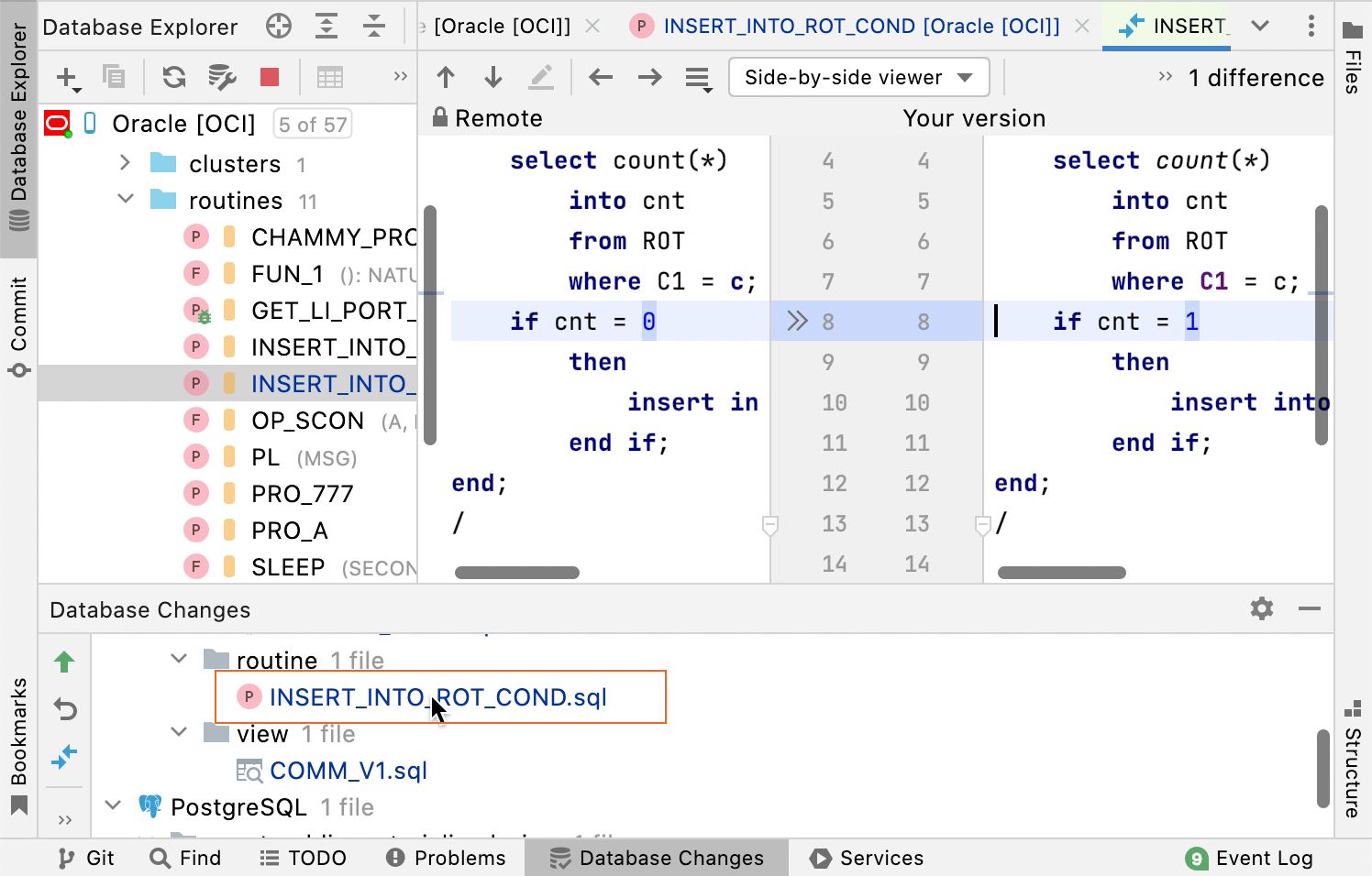 the Database Changes tool window