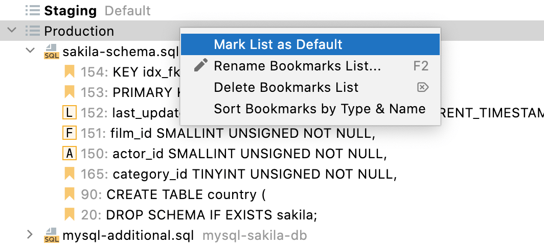 Default list in the Bookmarks tool window