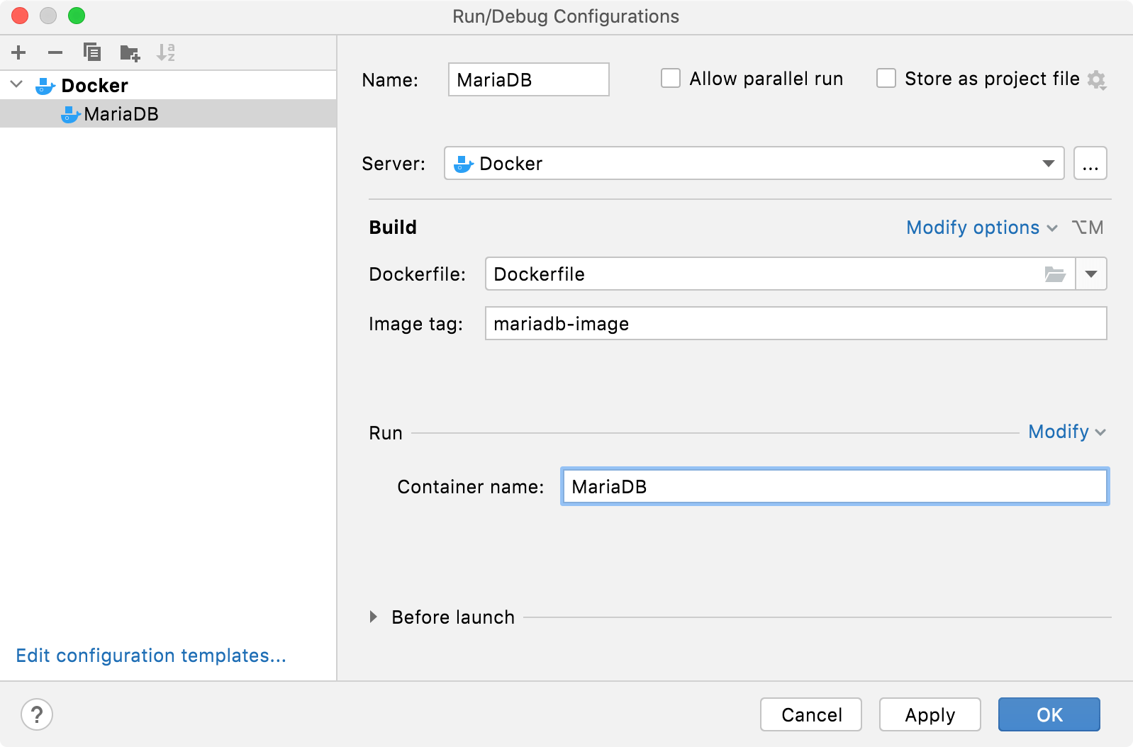 Dockerfile run configuration dialog