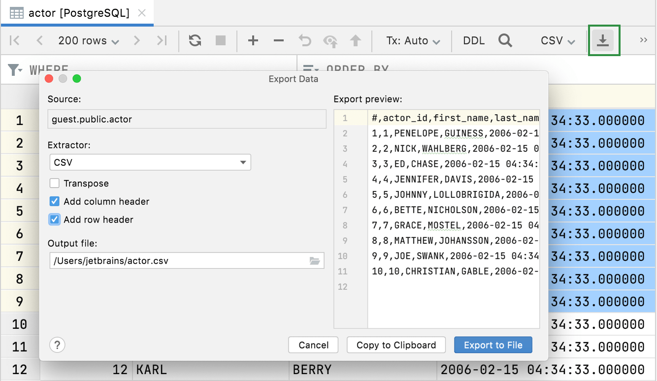 Export data from the editor