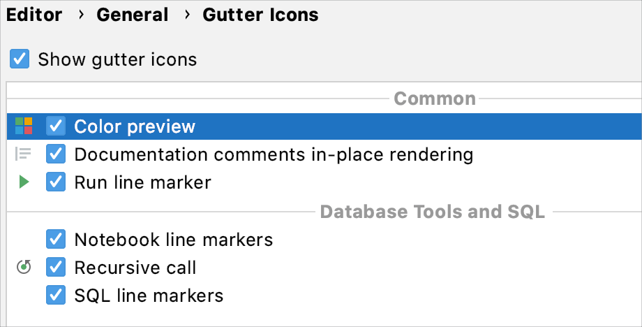 Gutter icons settings in the Preferences dialog Gutter icons settings in the Preferences dialog