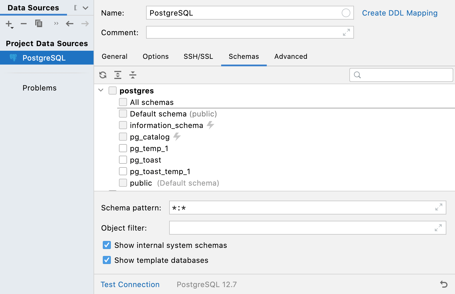 Hide system schemas and template databases Hide system schemas and template databases