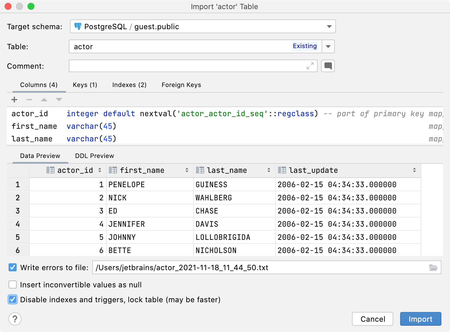 Import a table to a different schema, database, or an existing table