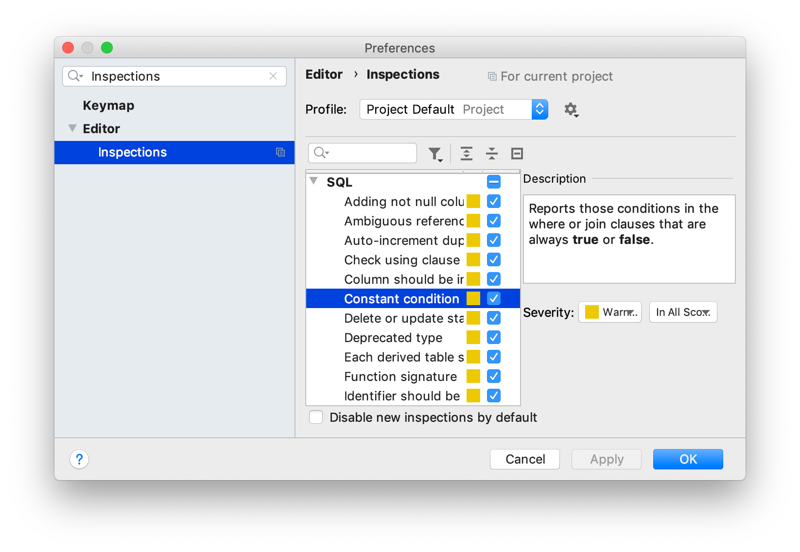 The list of inspections and their settings The list of inspections and their settings
