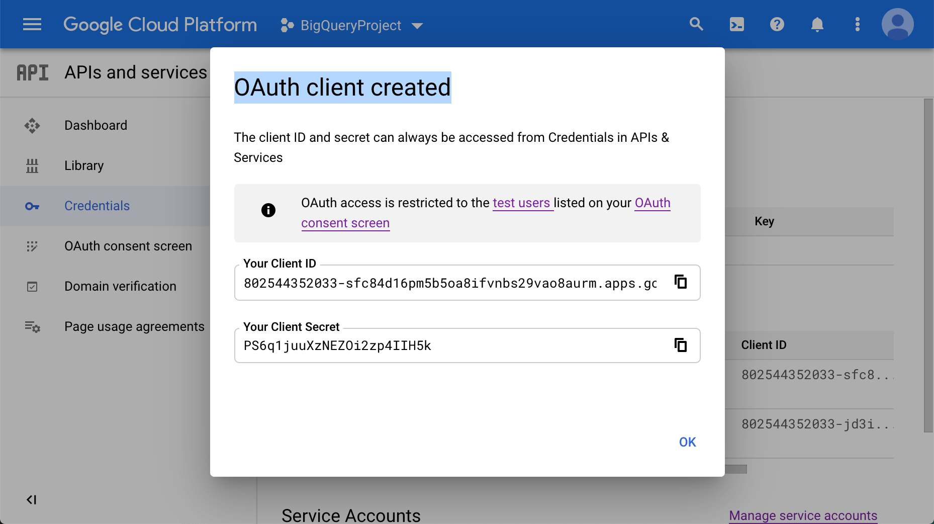 已创建 OAuth 客户端