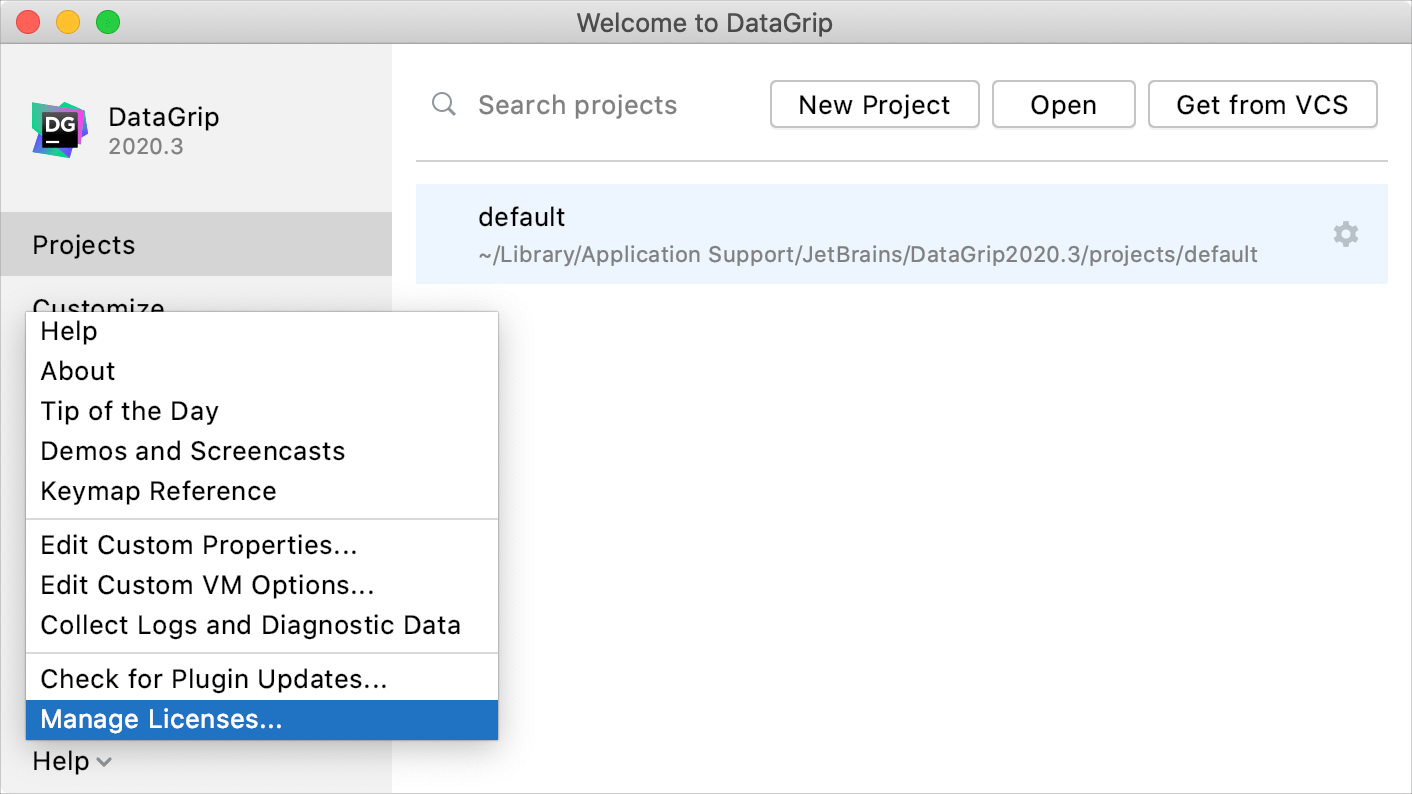 DataGrip: Licenses dialog