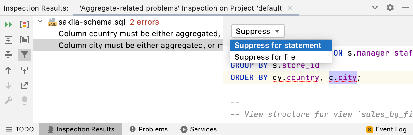 Suppressing inspection in the Inspection Results tool window Suppressing inspection in the Inspection Results tool window