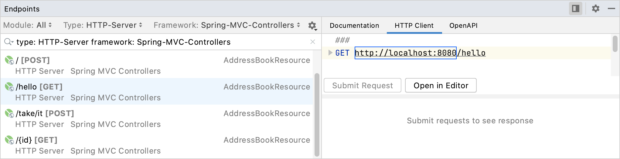 Endpoints tool window: HTTP Client tab