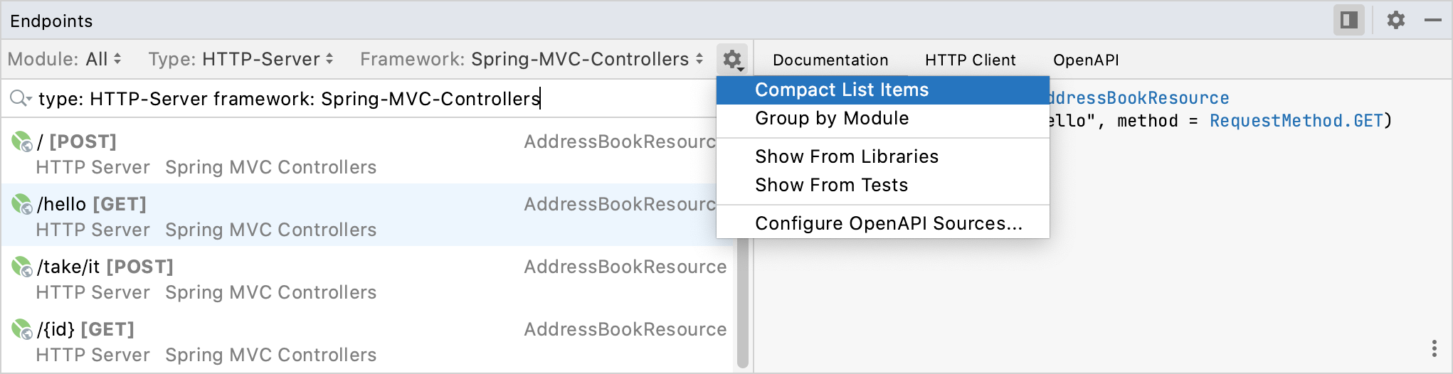 Options of the Endpoints tool window